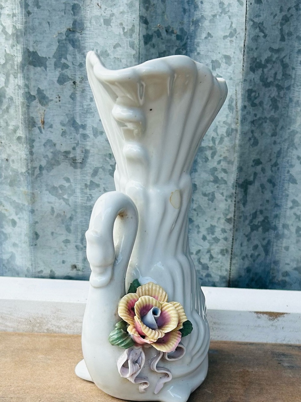 White Ceramic Swan Vase with Hand-Painted Floral Accent